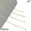Gargantilla Basica 04.213.0110.24 Oro Laminado, Diseño de Figaro, Pulido, Tono Dorado (03 MM Thickness, 24 Inches Length)