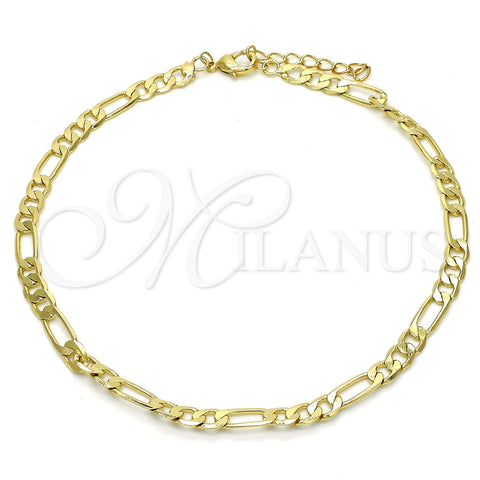 Tobillera Básica 04.213.0113.10 Oro Laminado, Diseño de Figaro, Pulido, Tono Dorado (Grosor 04.5 MM, 10 Pulgadas de Largo)