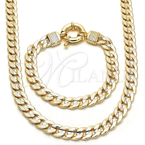 Collar y Pulsera 06.179.0004 Oro Laminado, Diseño de Cubana Concava y Llave Griega, Pulido, Tono Dorado