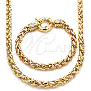 Collar y Pulsera 06.179.0005.18 Oro Laminado, Diseño de Cola de Raton y Llave Griega, Pulido, Tono Dorado