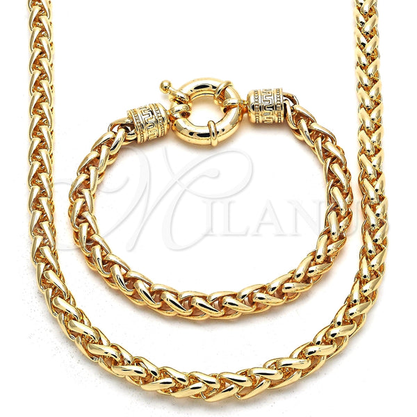 Collar y Pulsera 06.179.0005.18 Oro Laminado, Diseño de Cola de Raton y Llave Griega, Pulido, Tono Dorado