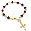 Rosario de Pulsera 09.63.0110.08 Oro Laminado, Diseño de Caridad del Cobre y Crucifijo, con Negro and Rojo Naranja Azavache, Pulido, Tono Dorado