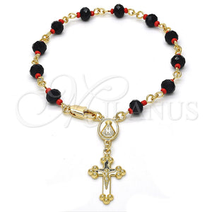 Rosario de Pulsera 09.63.0110.08 Oro Laminado, Diseño de Caridad del Cobre y Crucifijo, con Negro and Rojo Naranja Azavache, Pulido, Tono Dorado