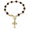 Rosario de Pulsera 09.63.0110.08 Oro Laminado, Diseño de Caridad del Cobre y Crucifijo, con Negro and Rojo Naranja Azavache, Pulido, Tono Dorado