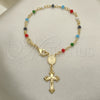 Rosario de Pulsera 09.63.0103.1.08 Oro Laminado, Diseño de Guadalupe y Crucifijo, con Multicolor Azavache, Pulido, Tono Dorado