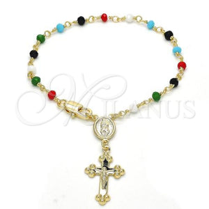 Rosario de Pulsera 09.63.0103.1.08 Oro Laminado, Diseño de Guadalupe y Crucifijo, con Multicolor Azavache, Pulido, Tono Dorado