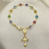 Rosario de Pulsera 09.63.0107.1.08 Oro Laminado, Diseño de Guadalupe y Crucifijo, Resinado Multicolor, Tono Dorado
