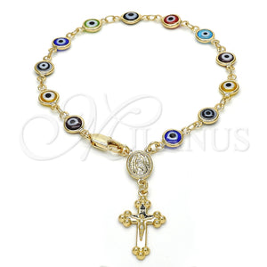 Rosario de Pulsera 09.63.0107.1.08 Oro Laminado, Diseño de Guadalupe y Crucifijo, Resinado Multicolor, Tono Dorado
