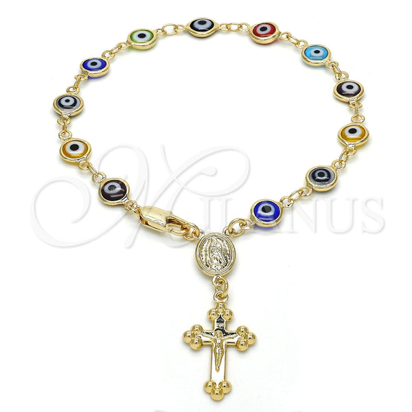 Rosario de Pulsera 09.63.0107.1.08 Oro Laminado, Diseño de Guadalupe y Crucifijo, Resinado Multicolor, Tono Dorado