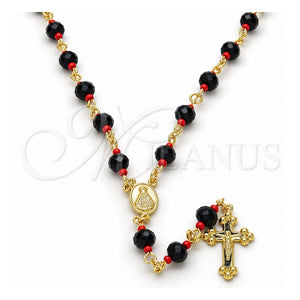 Rosario Mediano 09.63.0110.18 Oro Laminado, Diseño de Caridad del Cobre y Crucifijo, con Negro and Rojo Naranja Azavache, Pulido, Tono Dorado