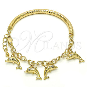 Pulsera de Dije 03.63.1829.08 Oro Laminado, Diseño de Delfín y Hueco, con Blanca Cristal, Diamantado, Tono Dorado (05 MM Thickness, 8 Inches Length)