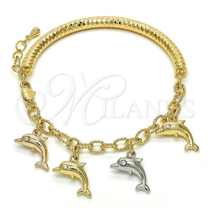 Pulsera de Dije 03.63.1829.1.08 Oro Laminado, Diseño de Delfín y Hueco, con Blanca Cristal, Diamantado, Tres Tonos (05 MM Thickness, 8 Inches Length)