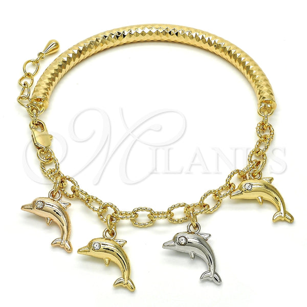 Pulsera de Dije 03.63.1829.1.08 Oro Laminado, Diseño de Delfín y Hueco, con Blanca Cristal, Diamantado, Tres Tonos (05 MM Thickness, 8 Inches Length)