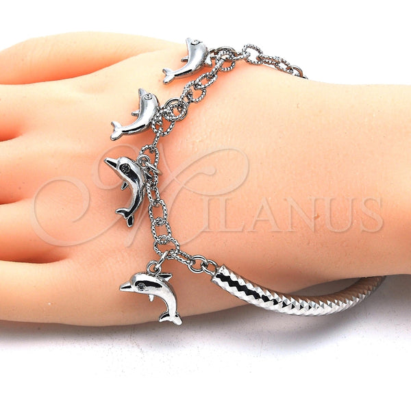 Pulsera de Dije 03.63.1829.2.08 Rodio Laminado, Diseño de Delfín y Hueco, con Cristal Blanca, Pulido, Rodinado (Grosor 05 MM, 8 Pulgadas de Largo)