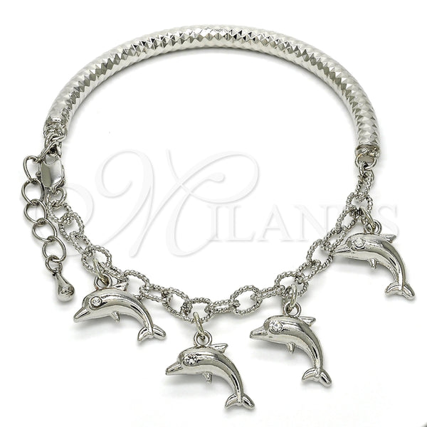 Pulsera de Dije 03.63.1829.2.08 Rodio Laminado, Diseño de Delfín y Hueco, con Cristal Blanca, Pulido, Rodinado (Grosor 05 MM, 8 Pulgadas de Largo)