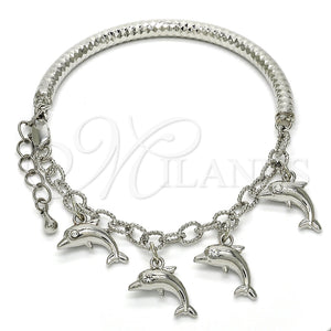 Pulsera de Dije 03.63.1829.2.08 Rodio Laminado, Diseño de Delfín y Hueco, con Cristal Blanca, Pulido, Rodinado (Grosor 05 MM, 8 Pulgadas de Largo)