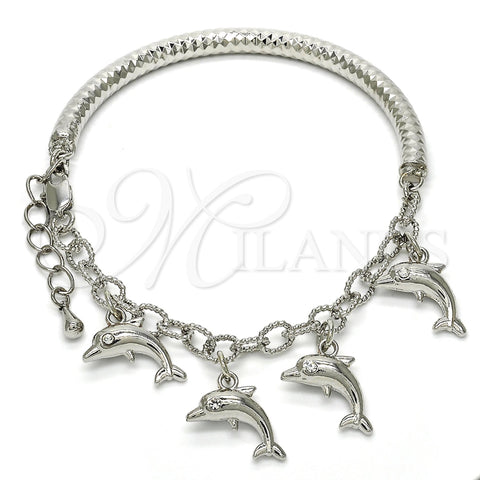 Pulsera de Dije 03.63.1829.2.08 Rodio Laminado, Diseño de Delfín y Hueco, con Cristal Blanca, Pulido, Rodinado (Grosor 05 MM, 8 Pulgadas de Largo)