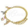 Pulsera de Dije 03.63.1830.1.08 Oro Laminado, Diseño de Delfín y Hueco, con Blanca Cristal, Esmaltado Rosado, Tres Tonos (05 MM Thickness, 8 Inches Length)