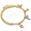 Pulsera de Dije 03.63.1830.1.08 Oro Laminado, Diseño de Delfín y Hueco, con Blanca Cristal, Esmaltado Rosado, Tres Tonos (05 MM Thickness, 8 Inches Length)