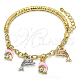Pulsera de Dije 03.63.1830.1.08 Oro Laminado, Diseño de Delfín y Hueco, con Blanca Cristal, Esmaltado Rosado, Tres Tonos (05 MM Thickness, 8 Inches Length)