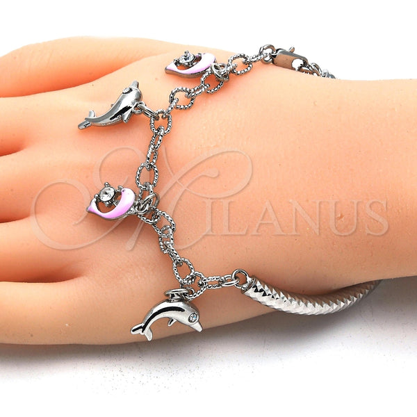Pulsera de Dije 03.63.1830.2.08 Rodio Laminado, Diseño de Delfín y Hueco, con Cristal Blanca, Esmaltado Rosado, Rodinado (Grosor 05 MM, 8 Pulgadas de Largo)