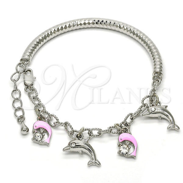 Pulsera de Dije 03.63.1830.2.08 Rodio Laminado, Diseño de Delfín y Hueco, con Cristal Blanca, Esmaltado Rosado, Rodinado (Grosor 05 MM, 8 Pulgadas de Largo)
