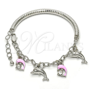 Pulsera de Dije 03.63.1830.2.08 Rodio Laminado, Diseño de Delfín y Hueco, con Cristal Blanca, Esmaltado Rosado, Rodinado (Grosor 05 MM, 8 Pulgadas de Largo)