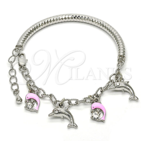 Pulsera de Dije 03.63.1830.2.08 Rodio Laminado, Diseño de Delfín y Hueco, con Cristal Blanca, Esmaltado Rosado, Rodinado (Grosor 05 MM, 8 Pulgadas de Largo)