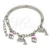 Pulsera de Dije 03.63.1830.2.08 Rodio Laminado, Diseño de Delfín y Hueco, con Cristal Blanca, Esmaltado Rosado, Rodinado (Grosor 05 MM, 8 Pulgadas de Largo)