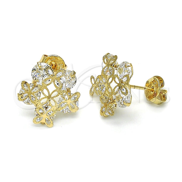Arete Dormilona 02.106.0025 Oro Laminado, Diseño de Flor, con Blanca Zirconia Cubica, Pulido, Tono Dorado
