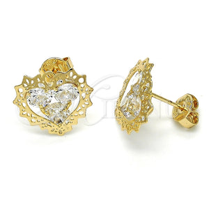 Arete Dormilona 02.106.0028 Oro Laminado, Diseño de Corazón, con Blanca Zirconia Cubica, Pulido, Tono Dorado