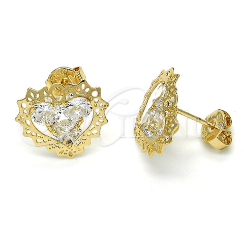 Arete Dormilona 02.106.0028 Oro Laminado, Diseño de Corazón, con Blanca Zirconia Cubica, Pulido, Tono Dorado
