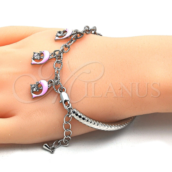 Pulsera de Dije 03.63.1831.08 Rodio Laminado, Diseño de Delfín y Hueco, con Cristal Blanca, Esmaltado Rosado, Rodinado (Grosor 05 MM, 8 Pulgadas de Largo)