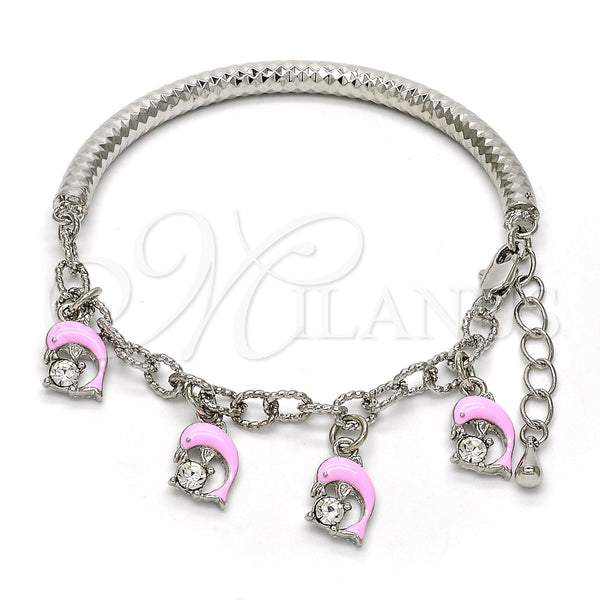 Pulsera de Dije 03.63.1831.08 Rodio Laminado, Diseño de Delfín y Hueco, con Cristal Blanca, Esmaltado Rosado, Rodinado (Grosor 05 MM, 8 Pulgadas de Largo)