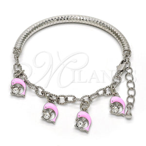 Pulsera de Dije 03.63.1831.08 Rodio Laminado, Diseño de Delfín y Hueco, con Cristal Blanca, Esmaltado Rosado, Rodinado (Grosor 05 MM, 8 Pulgadas de Largo)