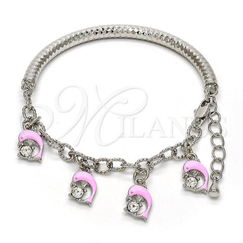Pulsera de Dije 03.63.1831.08 Rodio Laminado, Diseño de Delfín y Hueco, con Cristal Blanca, Esmaltado Rosado, Rodinado (Grosor 05 MM, 8 Pulgadas de Largo)
