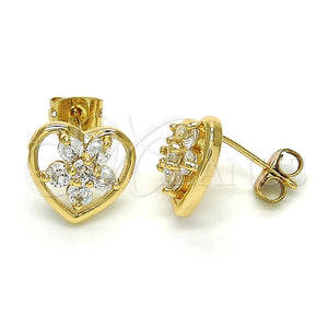 Arete Dormilona 02.210.0096 Oro Laminado, Diseño de Corazón y Flor, con Blanca Zirconia Cubica, Pulido, Tono Dorado