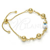 Pulsera Bolo Ajustable 03.63.1835.1.10 Oro Laminado, Diseño de Delfín y Ojo Griego, Esmaltado Blanco, Tono Dorado (01 MM Thickness, 10 Inches Length)