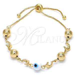 Pulsera Bolo Ajustable 03.63.1835.1.10 Oro Laminado, Diseño de Delfín y Ojo Griego, Esmaltado Blanco, Tono Dorado (01 MM Thickness, 10 Inches Length)