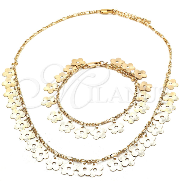 Collar y Pulsera 06.105.0009 Oro Laminado, Diseño de Flor, Pulido, Tono Dorado