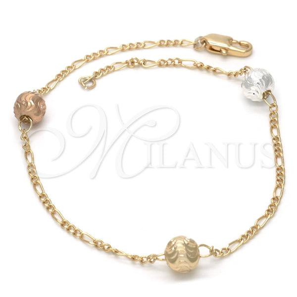 Pulsera Elegante 03.08.0129.09 Chapa de Oro, Diseño de Bola, Diamantado, Tres Tonos (30 MM Thickness, 9 Inches Length)