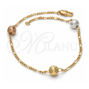 Pulsera Elegante 03.08.0129.09 Chapa de Oro, Diseño de Bola, Diamantado, Tres Tonos (Grosor 30 MM, 9 Pulgadas de Largo)
