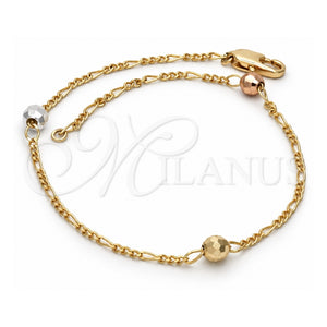 Pulsera Elegante 03.08.0131.09 Chapa de Oro, Diseño de Bola, Diamantado, Tres Tonos (Grosor 35 MM, 9 Pulgadas de Largo)