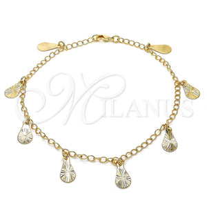 Tobillera de Dije 04.63.1373.10 Oro Laminado, Diseño de Gota, Pulido, Tono Dorado (03 MM Thickness, 10 Inches Length)