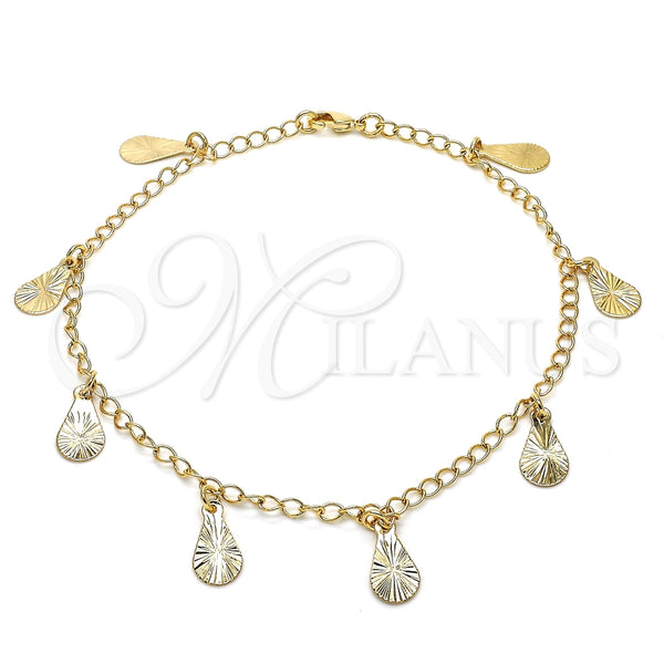 Tobillera de Dije 04.63.1373.10 Oro Laminado, Diseño de Gota, Pulido, Tono Dorado (03 MM Thickness, 10 Inches Length)