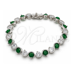Pulsera Tennis 03.210.0068.7.08 Oro Laminado Blanco, Diseño de Cierre De Cajon, con Zirconia Cubica Verde y Blanca, Pulido, Rodinado (Grosor 07 MM, 8 Pulgadas de Largo)