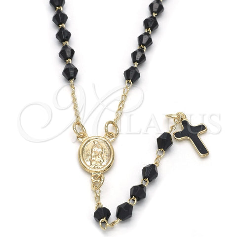 Rosario Fino 09.02.0039.1.18 Oro Laminado, Diseño de Guadalupe y Cruz, con Negro Azavache, Esmaltado Negro, Tono Dorado