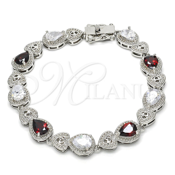 Pulsera Tennis 03.210.0072.6.08 Rodio Laminado, Diseño de Corazón y Gota, con Zirconia Cubica Granate y Blanca, Pulido, Rodinado (Grosor 09 MM, 8 Pulgadas de Largo)