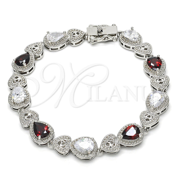 Pulsera Tennis 03.210.0072.6.08 Rodio Laminado, Diseño de Corazón y Gota, con Zirconia Cubica Granate y Blanca, Pulido, Rodinado (Grosor 09 MM, 8 Pulgadas de Largo)