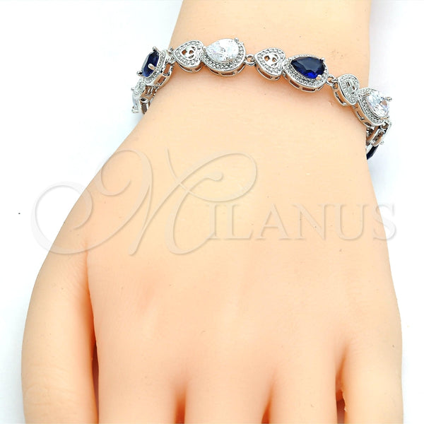 Pulsera Tennis 03.210.0072.8.08 Rodio Laminado, Diseño de Corazón y Gota, con Zirconia Cubica Zafiro Azul y Blanca, Pulido, Rodinado (Grosor 09 MM, 8 Pulgadas de Largo)